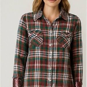 Plaid Button-Up Shirt with Sequin Cuffs